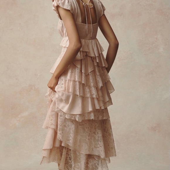 Anthropologie Square Neck Ruffled Lace Tiered High Low Dress - Picture 2 of 10